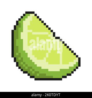 Pixel icon, sliced lime fruit, juicy citrus. Exotic lemon fruit. Harvesting of Citrus. Simple retro game vector isolated on white background Stock Vector