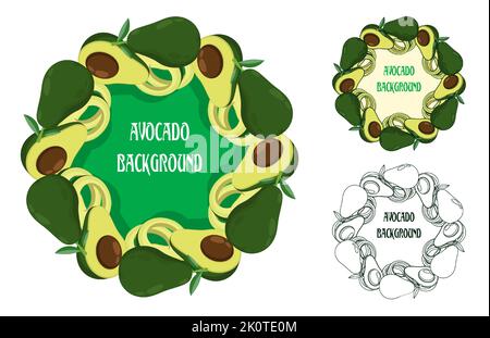 Avocado fruit wreath background, whole and cut. Slices of avocado in form of sun or flower top view. Cartoon vector isolated on white background Stock Vector