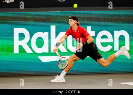 Hamburg, Germany, 13th Sep, 2022. Belgian Zizou Bergs is in action during the group stage match between Belgium and Australia at the 2022 Davis Cup finals in Hamburg, Germany. Photo credit: Frank Molter/Alamy Live news Stock Photo