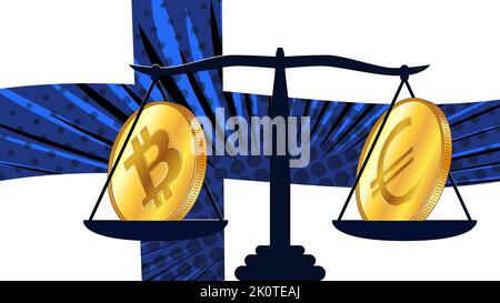 Gold coin of Bitcoin BTC and Euro EUR on scales and colored flag of Finland on background. Central Bank of Finland adopts laws on digital assets CBDC. Stock Vector