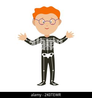 A boy in a skeleton costume somewhere on Halloween. A child in a carnival costume. Vector illustration in flat style Stock Vector