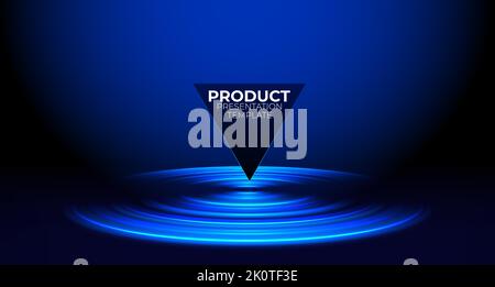 Abstract hi-tech background for display product with neon glowing ring on floor. Round pedestal podium on black background. Futuristic product stand Stock Vector