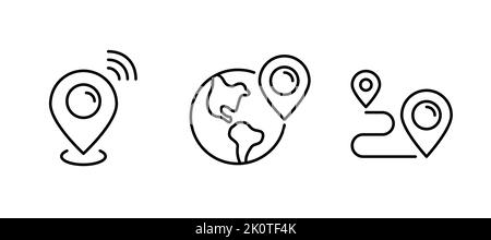 Set of map pointers showing location. Pin on Earth globe and path tracking. Pixel perfect, editable stroke line icons Stock Vector