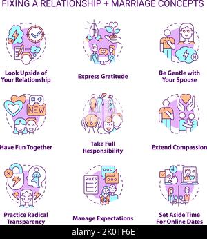 Fixing relationship and marriage concept icons set Stock Vector