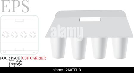 Cup Carrier Template, Three Pack Cardboard Carrier. Vector with die cu, laser cut layers. White, clear, blank, isolated Beer, Coffee Pack Holder mock Stock Vector