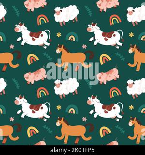 Farm animals pattern, farmhouse sheep, cute cow and horse illustrations, seamless pattern, good for wrapping paper, fabric print Stock Vector