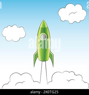 Illustration of a Launching Green Rocket Over a Cloudy Sky Stock Vector