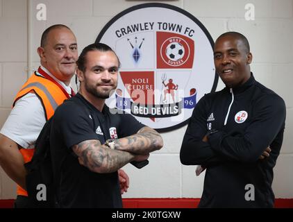 Crawley, UK. 13th Sep, 2022. Action during the EFL League Two match between Crawley Town and Stockport County at the Broadfield Stadium. 13th September 2022 Credit: James Boardman/Alamy Live News