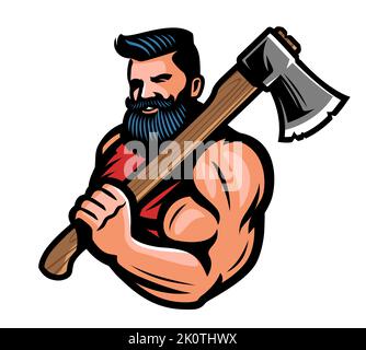 Muscular bearded lumberjack with big ax in hand. Warrior or viking with battle axe emblem. Mascot vector illustration Stock Vector