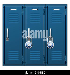 Locker room metal cabinet doors, row of school or gym lockers, vector Stock Vector