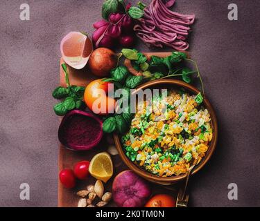 Healthy foods on a purple table Stock Photo