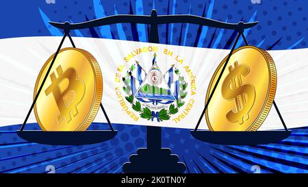Gold coin of Bitcoin BTC and american dollar USD on scales with El Salvador colored flag on background. Central Bank of El Salvador has passed laws on Stock Vector