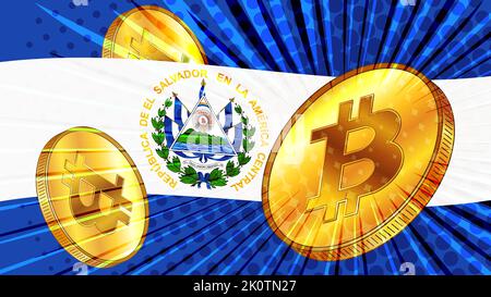 Gold coin of Bitcoin BTC and El Salvador colored flag on background. Central Bank of El Salvador has passed laws on mining and digital assets. Vector Stock Vector
