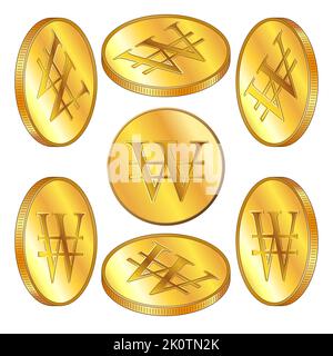 Set of golden coin South Korean won KRW isometric view isolated on white. Currency of the Republic of Korea. Vector design element. Stock Vector