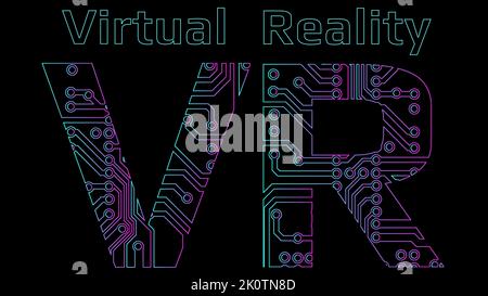 Colorful contours of letters VR abbreviation for Virtual Reality perforated with PCB circuit board tracks isolated on black background. Vector illustr Stock Vector