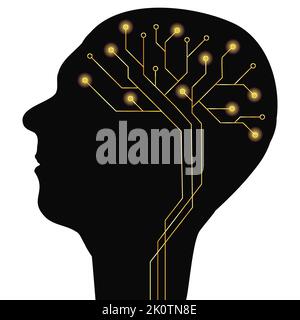 Silhouette of human head in profile with digital brain made of circuit board tracks isolated on white background. Human digitalization concept. Vector Stock Vector