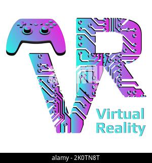 Colorful letters VR abbreviation for Virtual Reality perforated with PCB circuit board tracks and gamepad joystick isolated on white background. Vecto Stock Vector