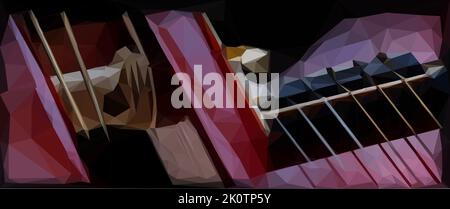 Background vector with details of a red guitar. The neck of a guitar and the sides in the area of the sound hole. Vector in low poly art. Stock Vector