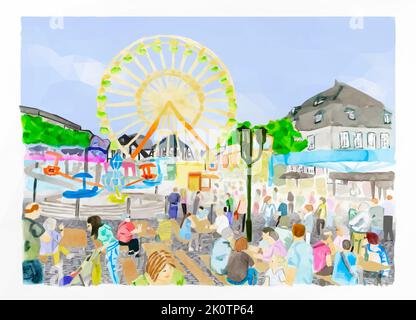 Watercolour Brilon Michaelis fair. Many people bustle about on the market square. Roundabouts and the Ferris wheel stand in front of the half timbered Stock Vector