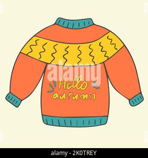 Hello, Autumn. Warm knitted sweater for autumn weather. Banner, poster or design with place for text. Hand drawn in doodle style. Isolated Stock Vector