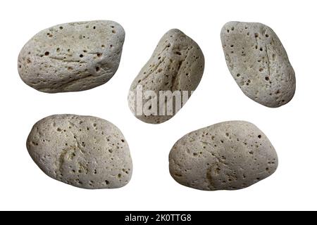 Sea pebbles set, isolated objects close-up on the white background, clipping path Stock Photo