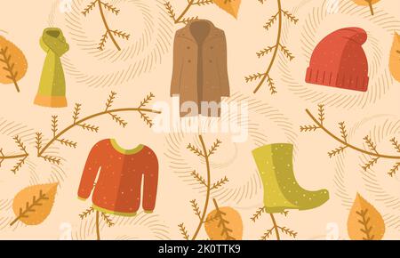 Colored autumn seamless pattern background with seasonal clothes Vector Stock Vector