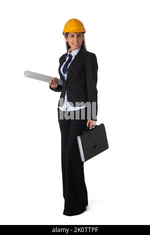 Female architect holding blueprints and document case full length portrait isolated on white background Stock Photo