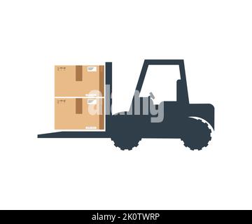 Box package cargo in forklift logo design. Parcel stacking cardboard box rack depot and warehouse storage, merchandise, shipment and logistic. Stock Vector