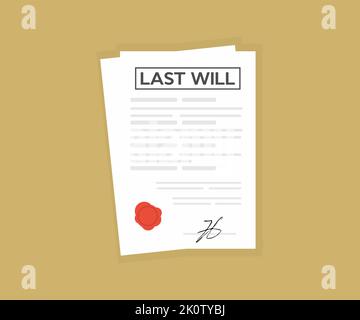 Signed last will. Document with stamp. Notarized testament logo design. Apostille and Notary services. Registration of the last will and testament. Stock Vector