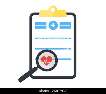 Clipboard with medical document and magnifying glass logo design. Heartbeat pulse. Document for patient health check in hospital or clinic vector. Stock Vector