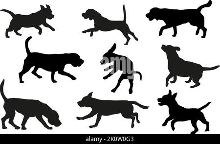 Group of english beagles in various poses. Dog silhouette. Running, standing, sniffing, jumping dogs. Isolated on a white background. Pet animals. Stock Vector