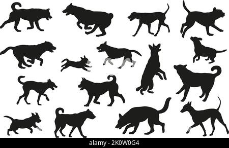 Group of dogs various breed. Black dog silhouette. Running, standing, walking, jumping, sniffing dogs. Isolated on a white background. Pet animals. Stock Vector
