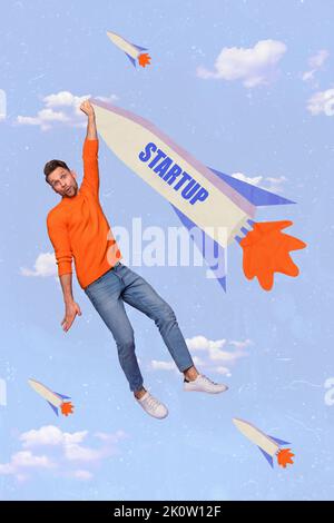 Vertical collage image of impressed guy arm hold flying startup rocket isolated on painted clouds sky background Stock Photo