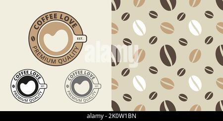 Logo template, cup of coffee with foam in the shape of a heart. Seamless pattern with coffee beans on a light background Stock Vector