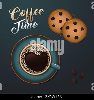 A cup of coffee with heart-shaped foam and two oatmeal cookies with chocolate chips on a blue background Stock Vector