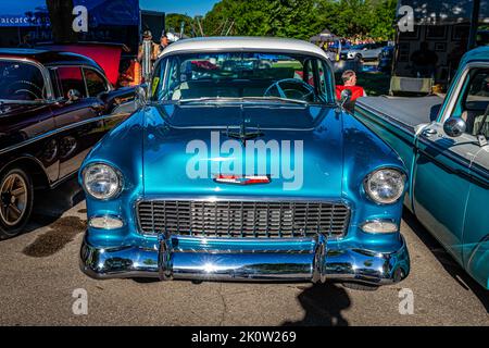Falcon Heights, MN - June 18, 2022: High perspective front view of a 1955 Chevrolet BelAir at a local car show. Stock Photo