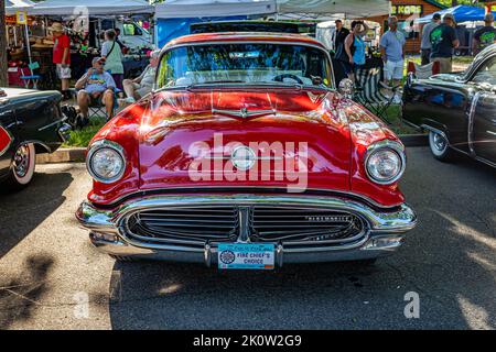 Falcon Heights, MN - June 18, 2022: High perspective front view of a 1956 Oldsmobile Super 88 Holiday Sedan at a local car show. Stock Photo