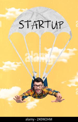 Vertical composite collage of cheerful positive guy flying painted startup parachute isolated on drawing clouds sky background Stock Photo