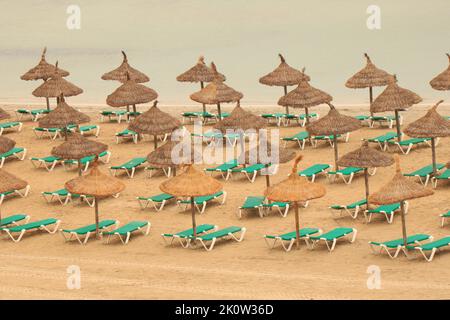 Cloudy weather on a beach with green sunbeds and straw umbrellas Stock Photo