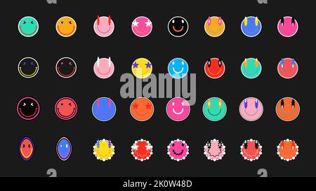 Set of Cool Trendy Hand Drawn Stickers. Acid Happy Smile Emoticons Stock Vector