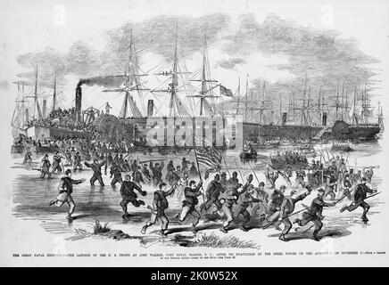 The Great Naval Expedition - The landing of the U. S. troops at Fort Walker, Port Royal Harbor, South Carolina, after its evacuation by the Rebel forces on November 7th, 1861. Battle of Port Royal. 19th century American Civil War illustration from Frank Leslie's Illustrated Newspaper Stock Photo