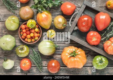 Variety of multicolored untreated tomatoes ripe and not ripe on a rustic wooden table, top view Stock Photo