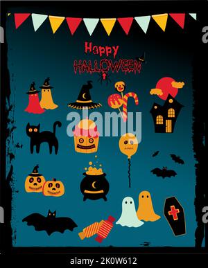 Happy Halloween Flat Vector Icon Set. Cute Cartoon Bundle Of Old Castle, Bat, Ghost, Candy, Coffin, Witch Cap, Black Cat, Pumpkin Stock Vector