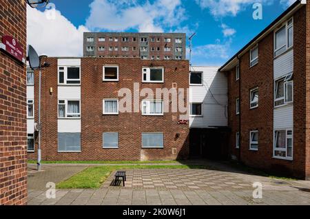 Boarded up low-rise council housing on a housing estate in Barking, East London, England, UK. Stock Photo