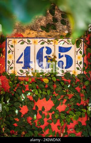 Ornate Spanish-style house numbers on ceramic tile covered with vines in Belo Horizonte, Minas Gerais, Brazil. Stock Photo