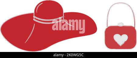 Stylized women Wide-brimmed hat and handbag with painted heart in trendy red hues. Isolate. Sticker. Trendy print design. Suitable for pattern, wrapping paper, poster, postcard, card, tag, banner Stock Vector