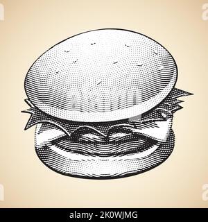 Illustration of Scratchboard Engraved Burger with White Fill Stock Vector