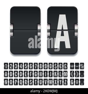 Black terminal mechanical scoreboard font with numbers to display destination or timetable vector illustration. Airport flip board bold alphabet for showing flight departure or arrival information. Stock Vector