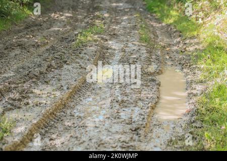 Muddy puddle on dirty road after rainy day. Splash in the rut from the wheel. Muddy weather. Countryside. Stock Photo