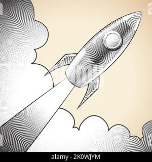Illustration of Scratchboard Engraved Diagonal Rocket and Clouds with White Fill Stock Vector